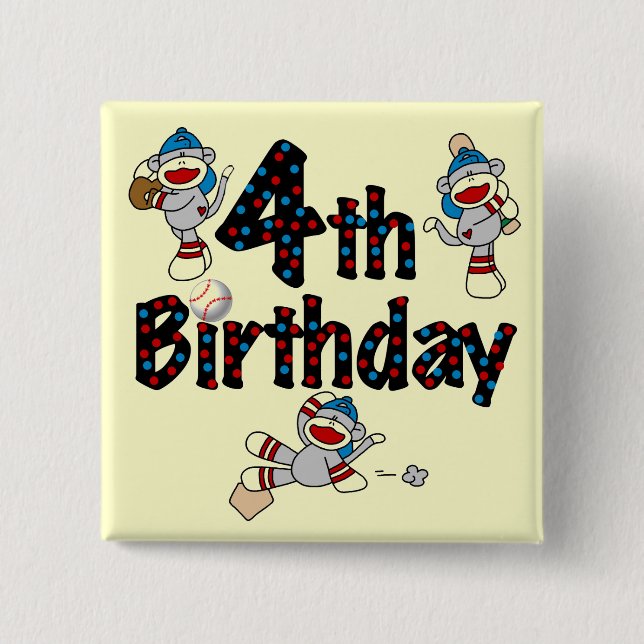 4th Sock Monkey Baseball Birthday 2 Inch Square Button (Front)