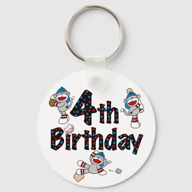 4th Sock Monkey Baseball Birthday Keychain (Front)