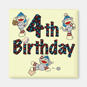 4th Sock Monkey Baseball Birthday Magnet