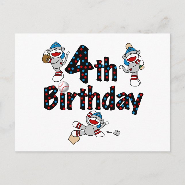 4th Sock Monkey Baseball Birthday Postcard (Front)
