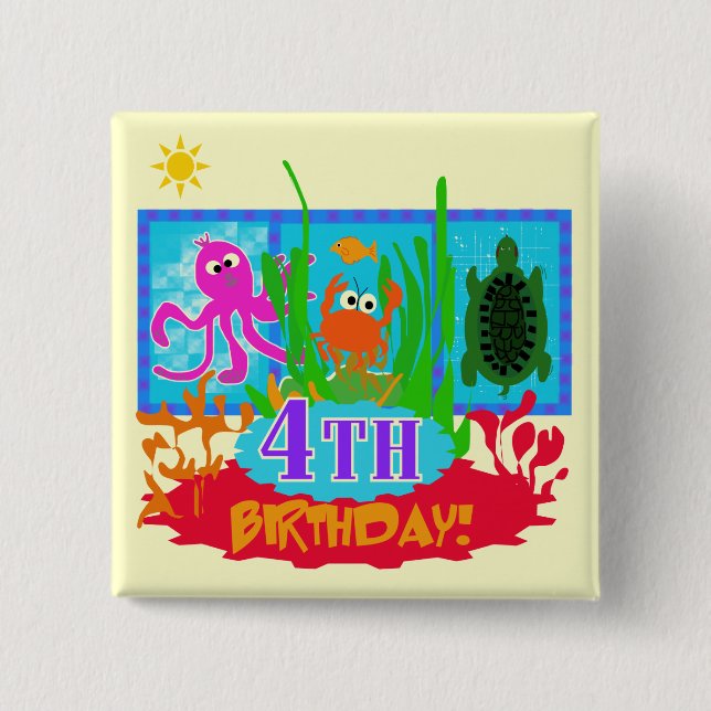 4th Undersea Adventure Birthday Tshirts 2 Inch Square Button (Front)