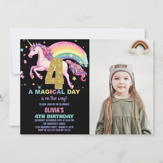 4th Unicorn Birthday Invitations Black with photo (Front)