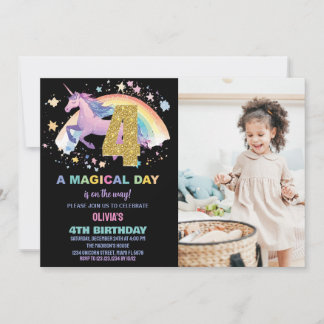 4th Unicorn Birthday Invitations with photo