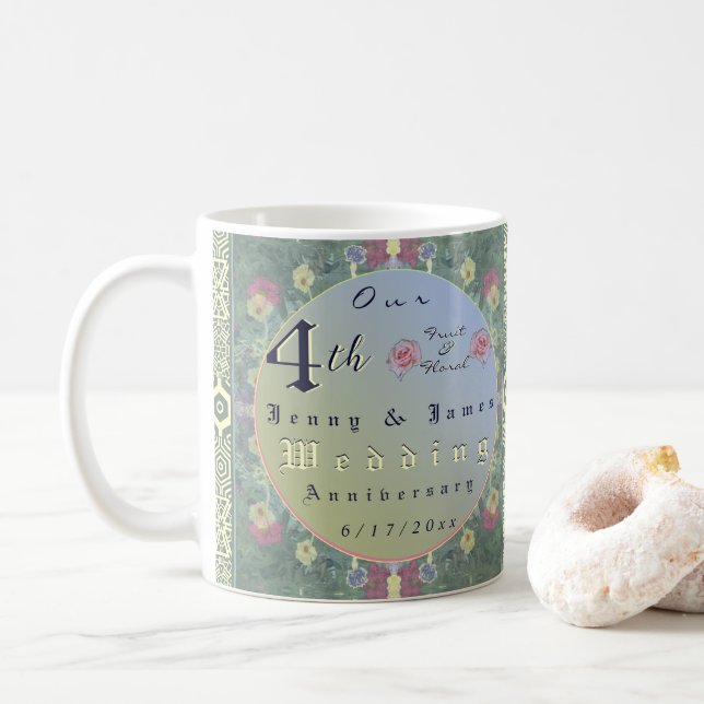 4th Wedding Anniversary Floral Coffee Mug (With Donut)