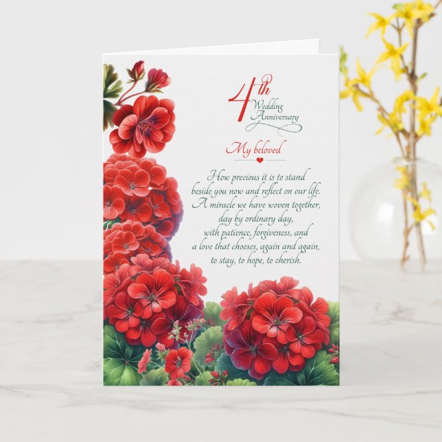 4th Wedding Anniversary Sentimental Geraniums Card (Yellow Flower)