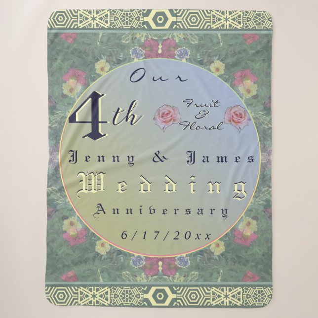 4th Year Wedding Anniversary Green&Blue Flower Sherpa Blanket (Front)
