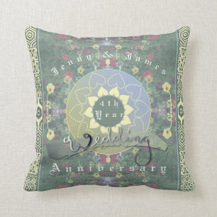 4th Year Wedding Anniversary Green&Blue Flower Throw Pillow