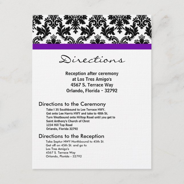 4x5 Directions Card Black Damask Purple Receptio (Front)