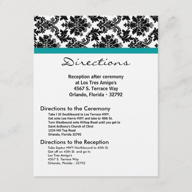 4x5 Directions Card Black Damask Teal Reception (Front)