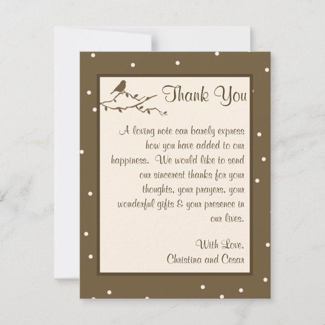 4x5 FLAT Thank You Card Birds on Brown Polka Dot (Front)