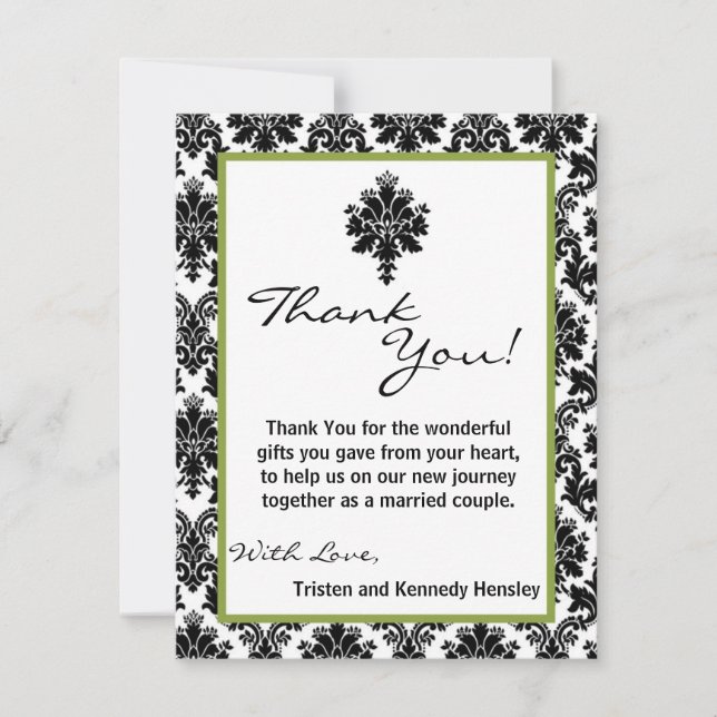 4x5 FLAT Thank You Card Black Green Damask Lace (Front)