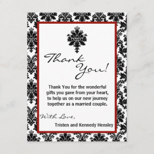 4x5 FLAT Thank You Card Black Red Damask Lace