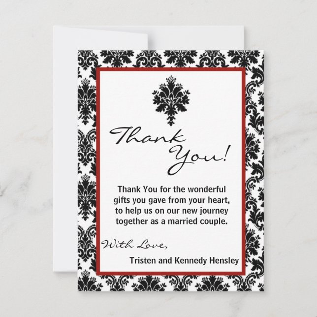 4x5 FLAT Thank You Card Black Red Damask Lace (Front)