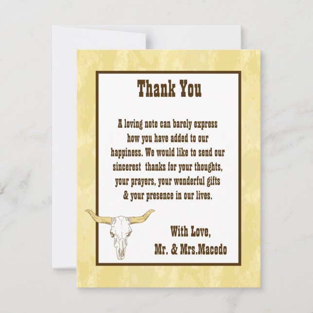 4x5 FLAT Thank You Card Cowboy Rodeo Steer Skull T (Front)