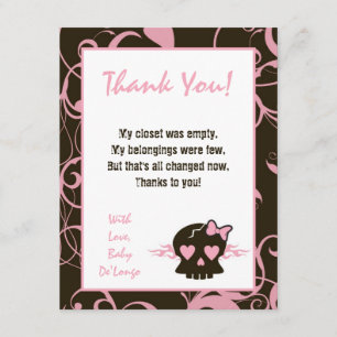 4x5 FLAT Thank You Card Girly Girl Pink Punk Skull