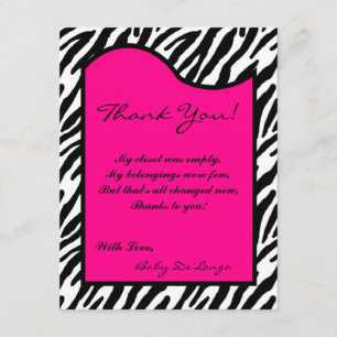 4x5 FLAT Thank you Card Hot Pink Zebra Print