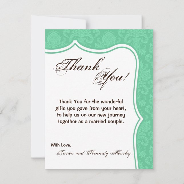 4x5 FLAT Thank You Card Mint White Damask Lace (Front)