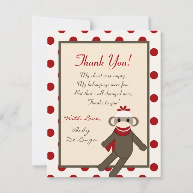 4x5 FLAT Thank you Card Red Sock Monkey (Front)