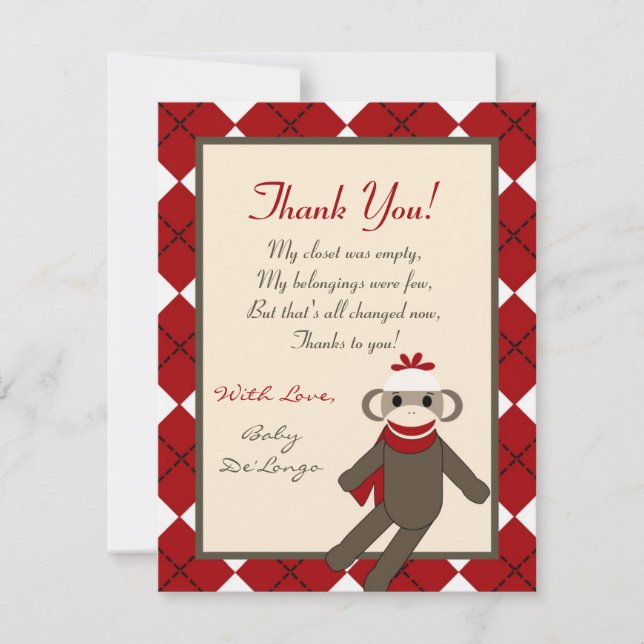 4x5 FLAT Thank you Card Red Sock Monkey Argyle (Front)