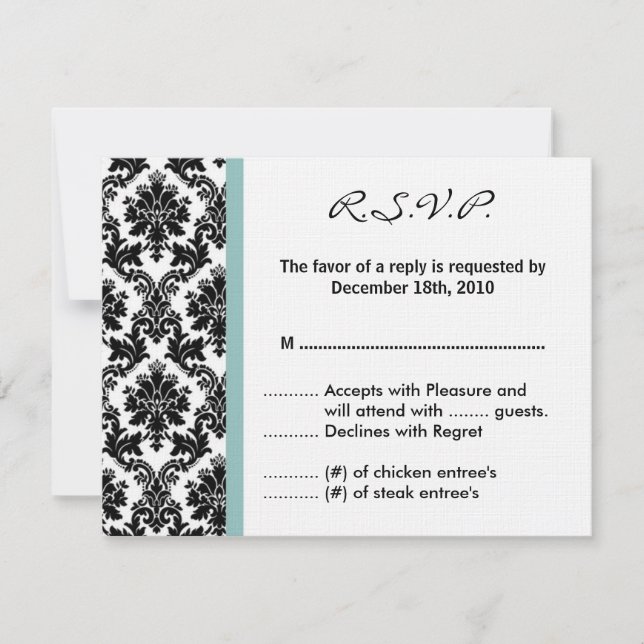 4x5 R.S.V.P. Reply Card Black Damask Blue (Front)