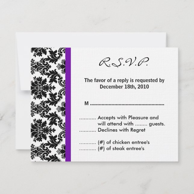 4x5 R.S.V.P. Reply Card - Black Damask Purple (Front)