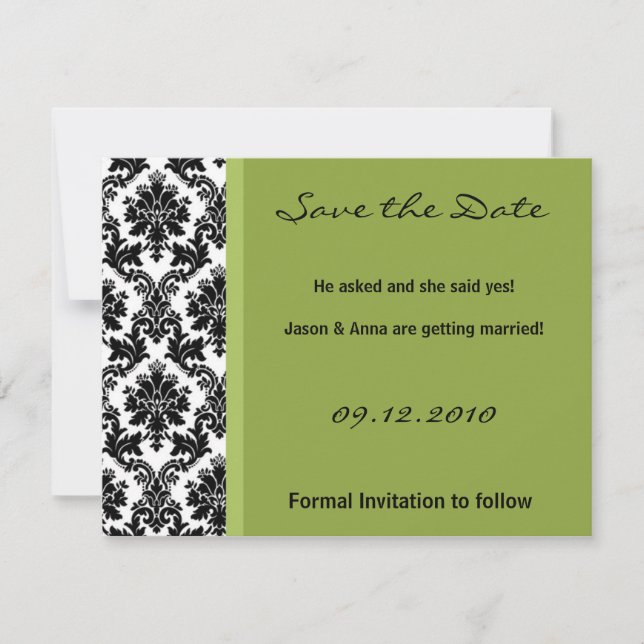 4x5 Save the Date Card - Black Damask & Green (Front)