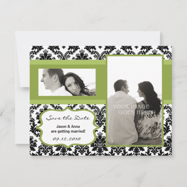 4x5 Save the Date Card - Black Damask & Green (Front)