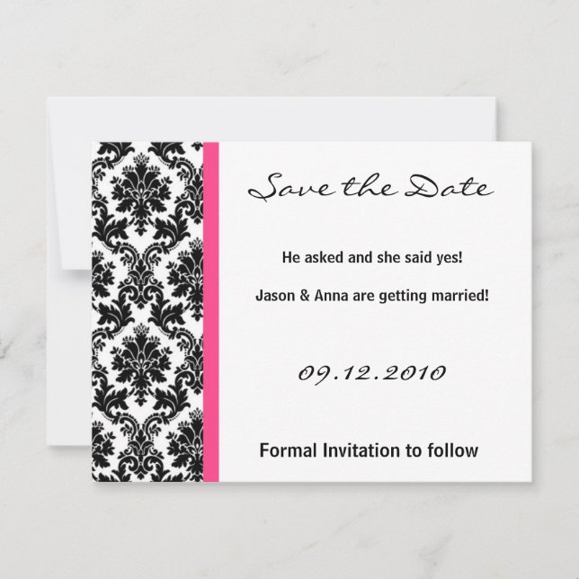 4x5 Save the Date Card - Black Damask & Hot Pink (Front)