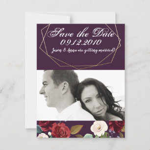 4x5 Save the Date Card Plum Purple Roses Gold Geom