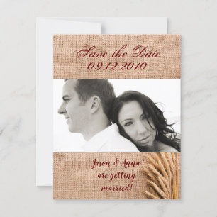4x5 Save the Date Card Wheat on Burlap Sack Countr