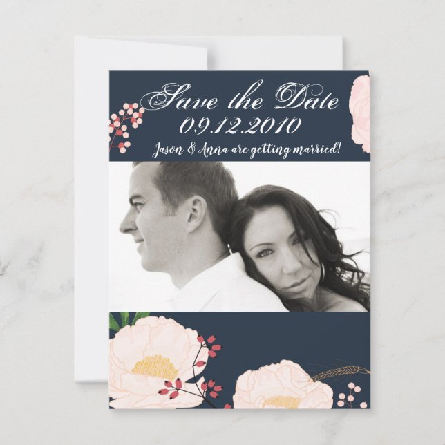 4x5 Save the Date Card White Floral Flowers on Dar (Front)