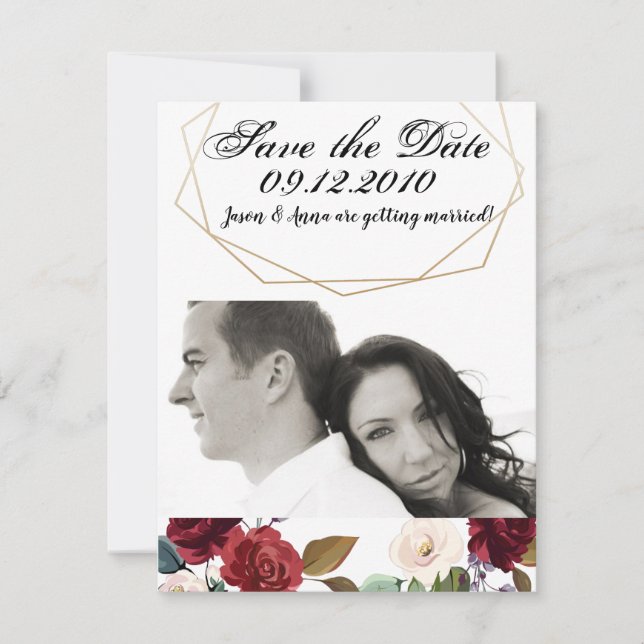 4x5 Save the Date Card White Roses Gold Geometric (Front)