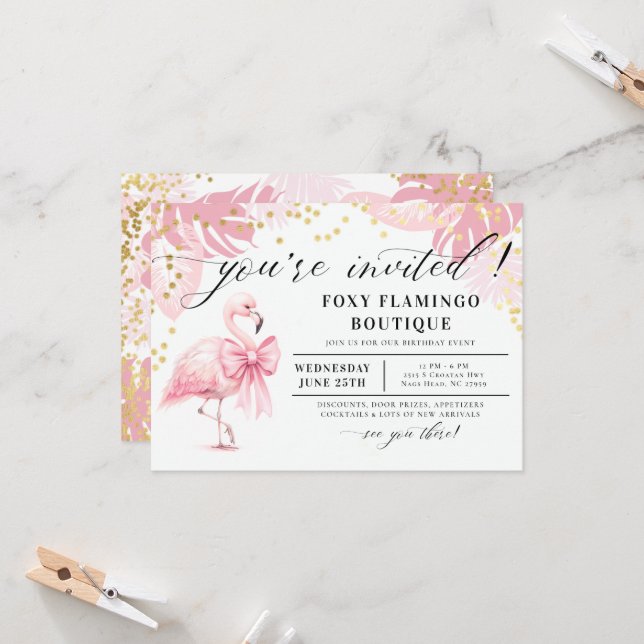 4x6 Pink Flamingo Bow Tropical Pink Business Invitation (Front/Back In Situ)