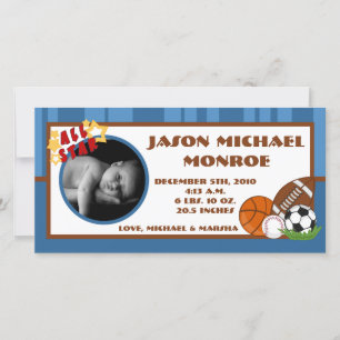 4x8 All Star Blue Photo Birth Announcement