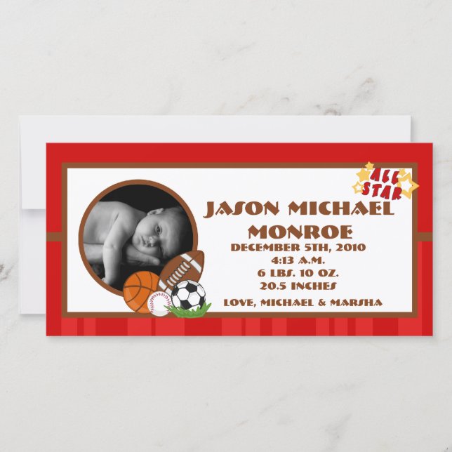 4x8 All Star Red  Photo Birth Announcement (Front)