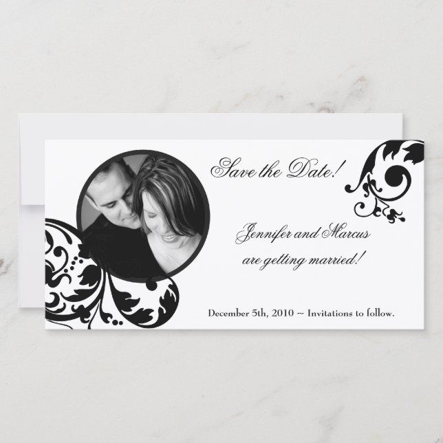 4x8 Black White Floral Fiançailles Faire-part (Devant)