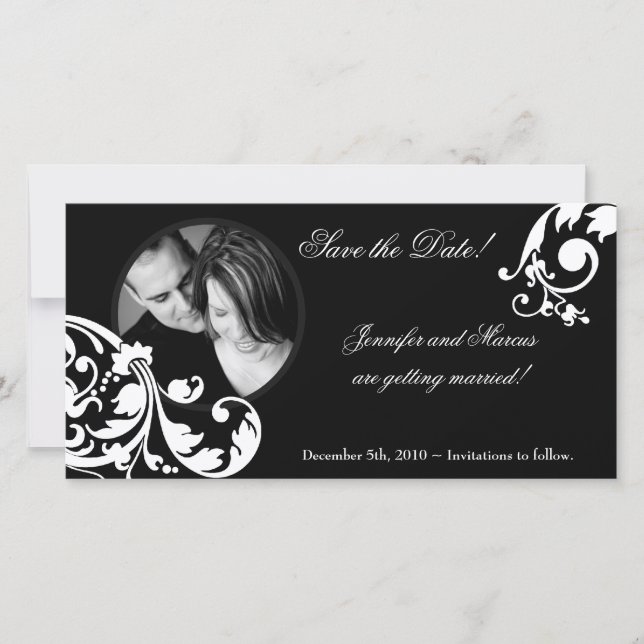 4x8 Black White Floral Fiançailles Faire-part (Devant)