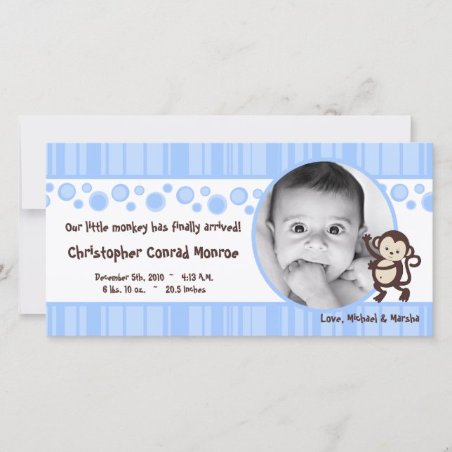4x8 Blue Boy Pop Monkey Photo Birth Announcement (Front)