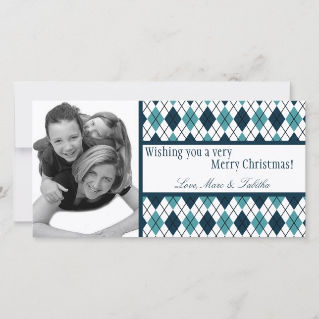 4x8 Blue White Argyle Frame PHOTO Christmas Card (Front)