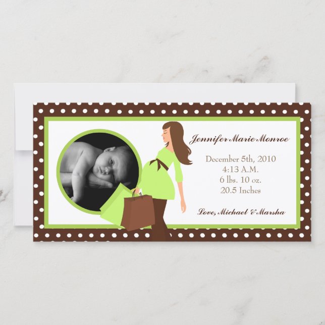 4x8 Green Mod Mom Polka Photo Birth Announcement (Front)