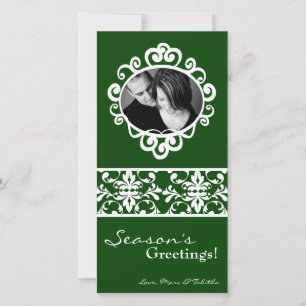 4x8 Green White Damask Frame PHOTO Christmas Card