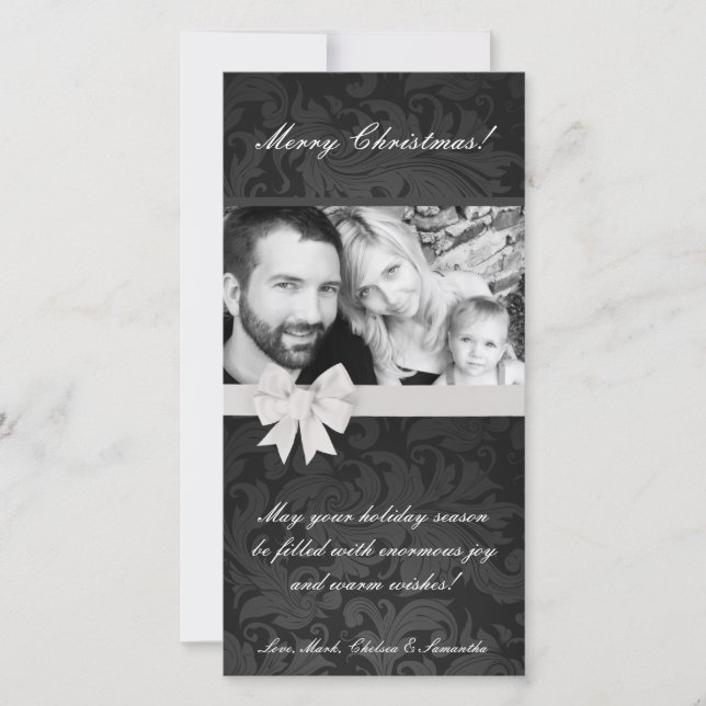 4x8 Grey Gre Floral Bow Ribbo PHOTO Christmas Card (Front)