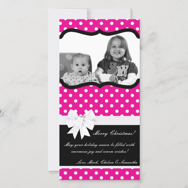 4x8 Hot Pink Black Palka Dot PHOTO Christmas Card (Front)