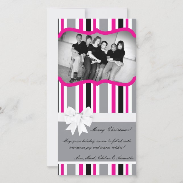 4x8 Hot Pink Black Striped PHOTO Christmas Card (Front)