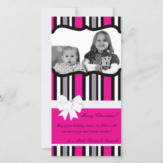 4x8 Hot Pink Black Striped PHOTO Christmas Card (Front)