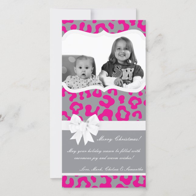 4x8 Hot Pink Grey Cheetah PHOTO Christmas Card (Front)