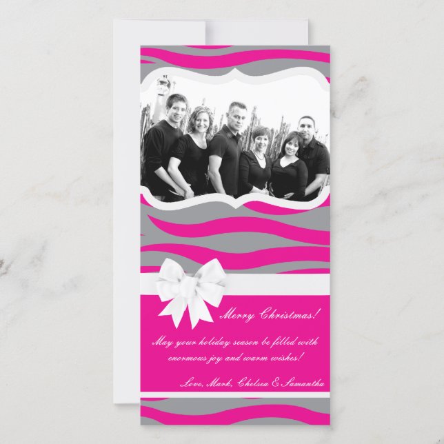 4x8 Hot Pink Grey Zebra Prin PHOTO Christmas Card (Front)