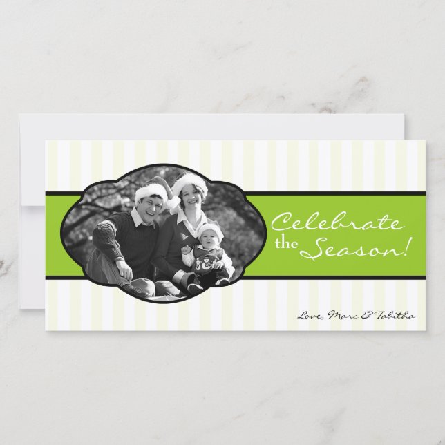 4x8 Lime White Striped Frame PHOTO Christmas Card (Front)