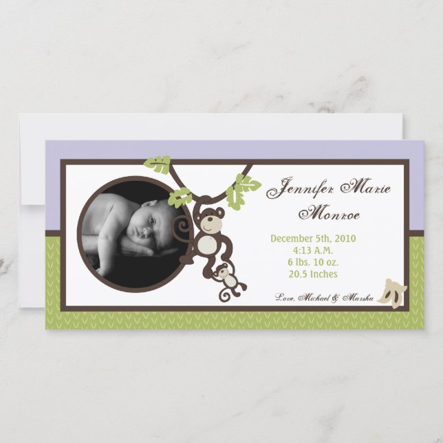 4x8 Monkey Time Jungle Faire-part de naissance pho (Devant)