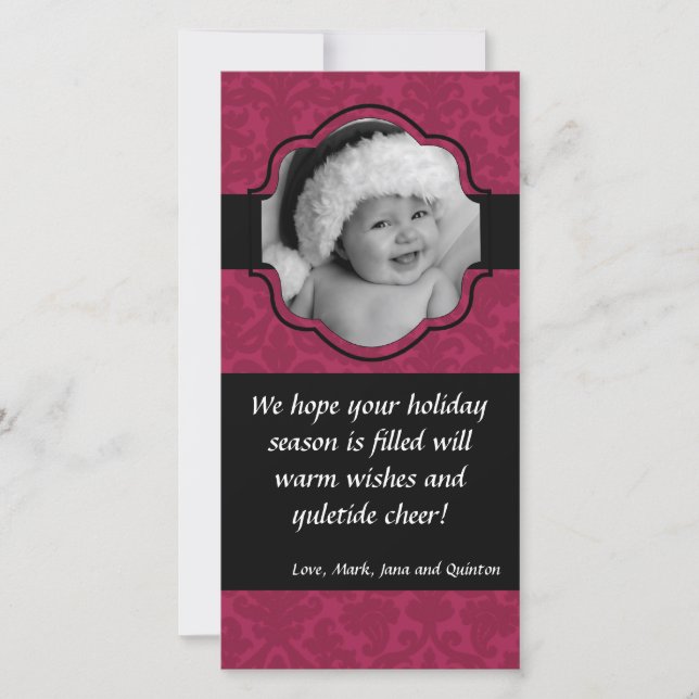 4x8 Pink Damask Ribbon Frame PHOTO Christmas Card (Front)